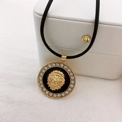 Vintage Black Leather Lion Of Judah Necklace With Rhinestones - Adjustable Length Leather Chain