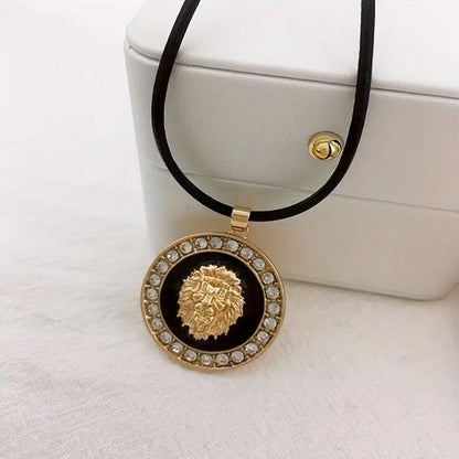 Vintage Black Leather Lion Of Judah Necklace With Rhinestones - Adjustable Length Leather Chain