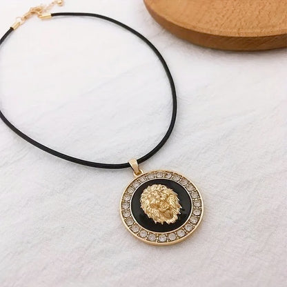 Vintage Black Leather Lion Of Judah Necklace With Rhinestones - Adjustable Length Leather Chain