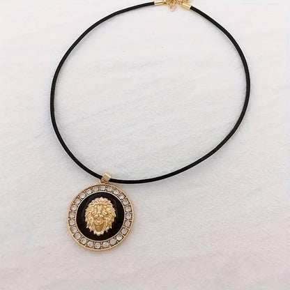 Vintage Black Leather Lion Of Judah Necklace With Rhinestones - Adjustable Length Leather Chain