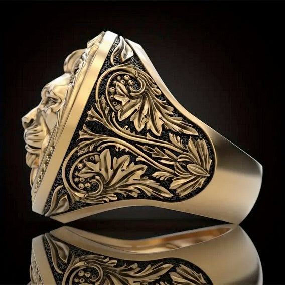 Luxury Men's Vintage Gold Plated Lion Of Judah Cubic Zirconia Ring