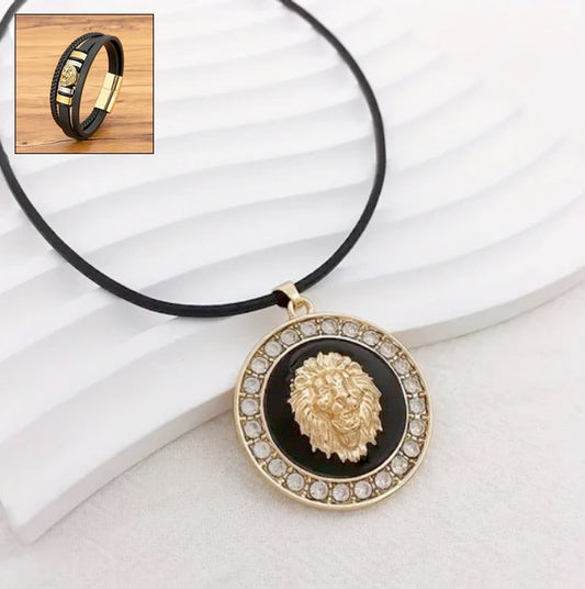 Lion Of Judah Adjustable Leather Cord Necklace And Leather Bracelet Set