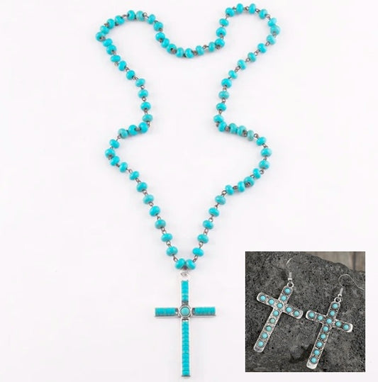 Handmade Knott Turquoise Cross Necklace And Earring Set