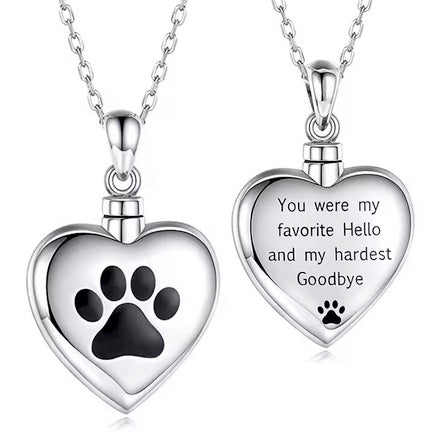 Dog Paw Print Titanium Steel Cremation Pet Love Heart Urn Memorial Necklace