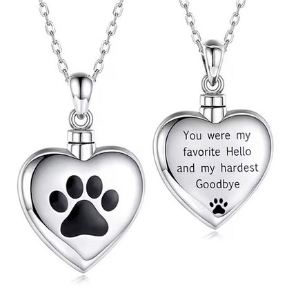 Dog Paw Print Titanium Steel Cremation Pet Love Heart Urn Memorial Necklace