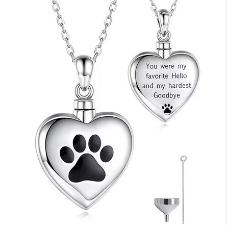 Dog Paw Print Titanium Steel Cremation Pet Love Heart Urn Memorial Necklace