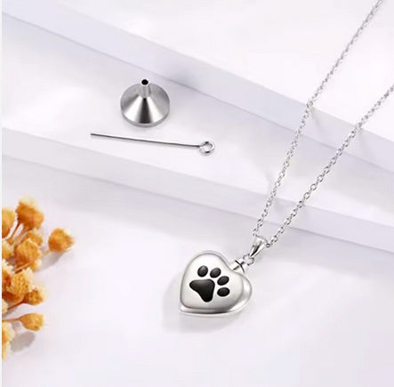 Dog Paw Print Titanium Steel Cremation Pet Love Heart Urn Memorial Necklace