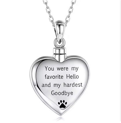 Dog Paw Print Titanium Steel Cremation Pet Love Heart Urn Memorial Necklace