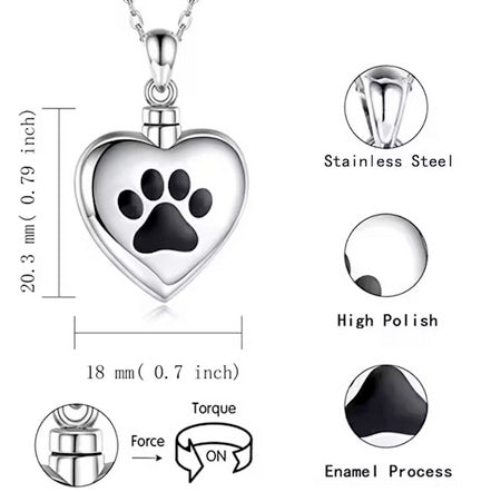 Dog Paw Print Titanium Steel Cremation Pet Love Heart Urn Memorial Necklace