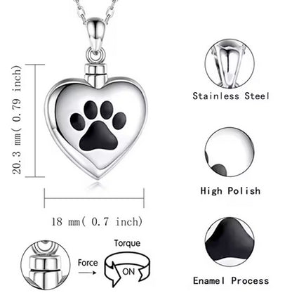 Dog Paw Print Titanium Steel Cremation Pet Love Heart Urn Memorial Necklace