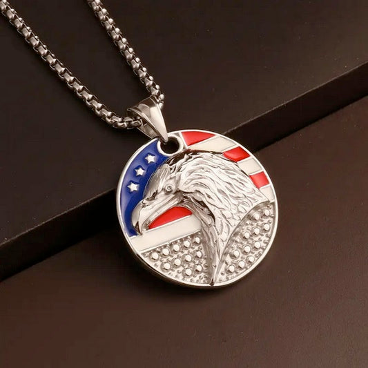 Men's Patriotic Stainless Steel Round American Flag Eagle Head Necklace