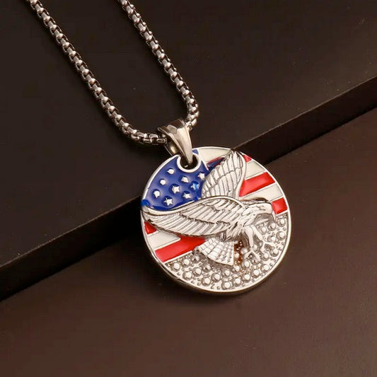 Men's Patriotic Stainless Steel Round American Flag Full Flying Eagle Necklace