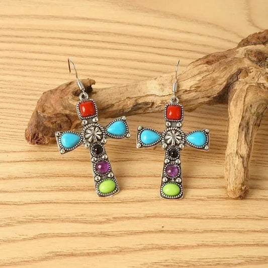 Colored Stone Drop Cross Earrings Retro Ethnic
