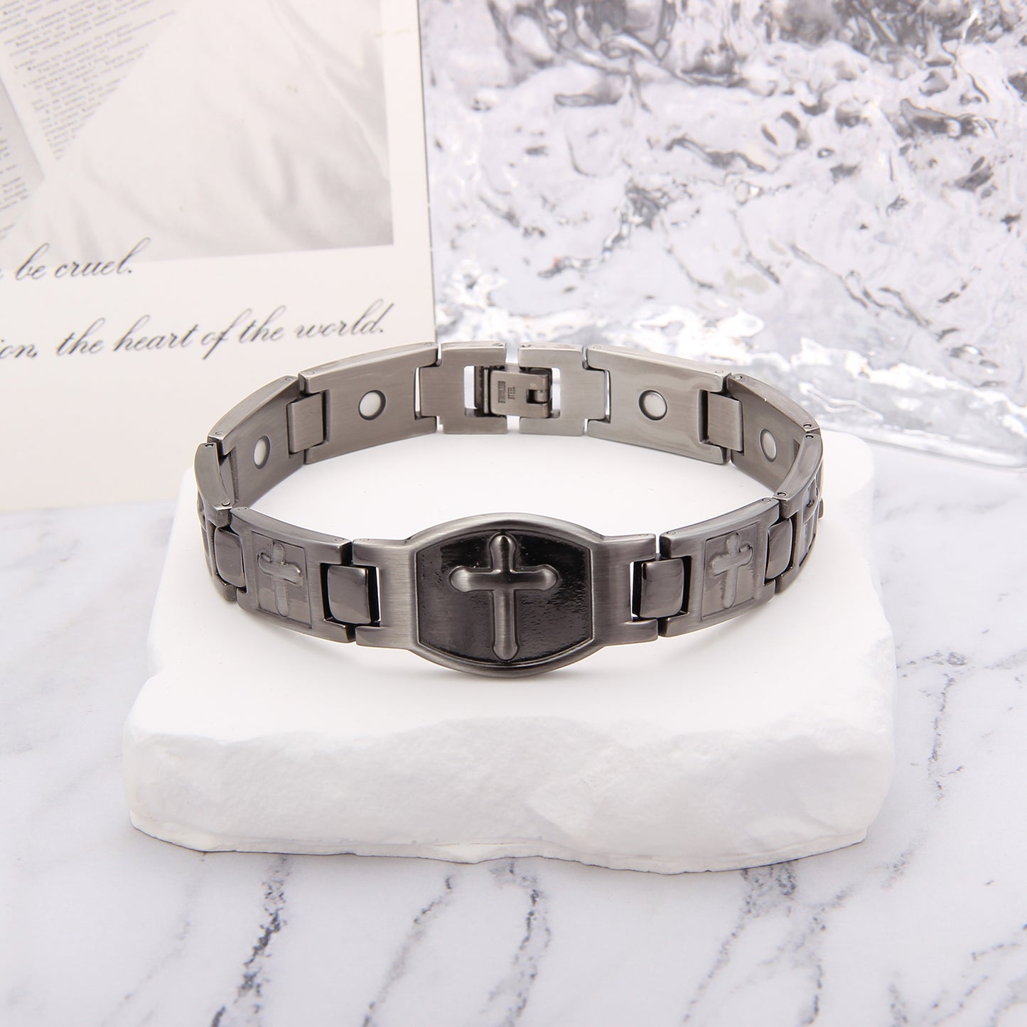 Black Stainless Steel Magnetic Cross Bracelet