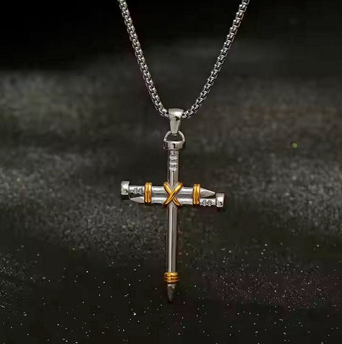 Fine Stainless-Steel Gold-Plated Cross of Nails Necklace
