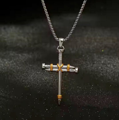 Fine Stainless-Steel Gold-Plated Cross of Nails Necklace