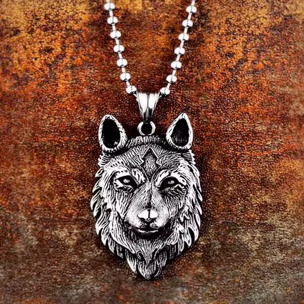 Steel Soldier Nordic Viking Detail Wolf Chain Wolf Head Pendant Necklace