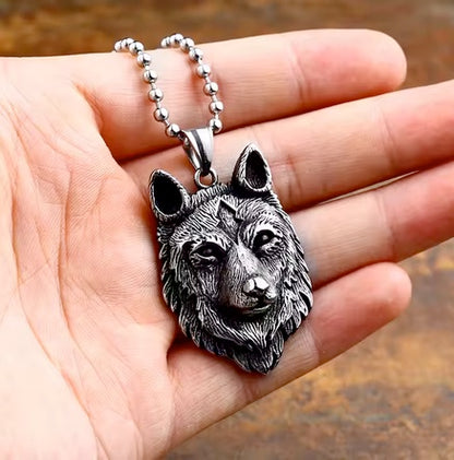 Steel Soldier Nordic Viking Detail Wolf Chain Wolf Head Pendant Necklace