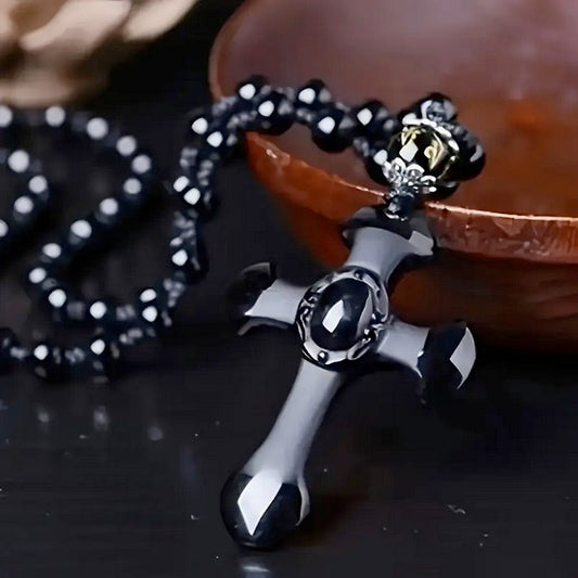 Black Obsidian Stone Cross Necklace  On Black Beaded Chain
