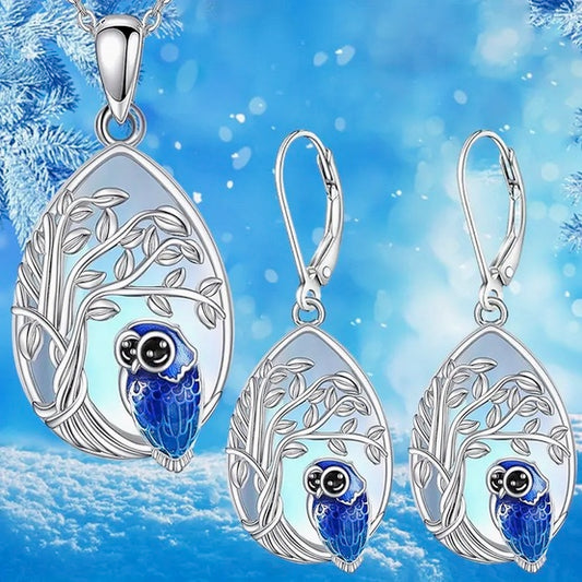 Blue Owl Tree Of Life Necklace And Earring Set
