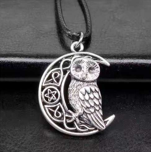 Antique Silver Plated Viking Owl Pendant Black Leather Cord Rope Chain Necklace- Length Adjustable