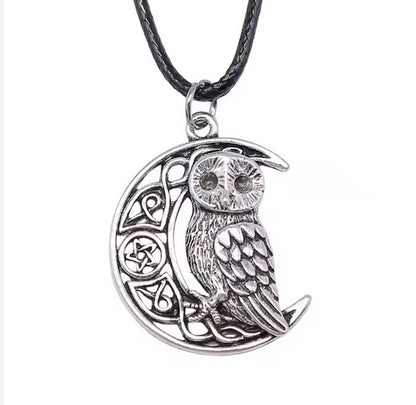 Antique Silver Plated Viking Owl Pendant Black Leather Cord Rope Chain Necklace- Length Adjustable