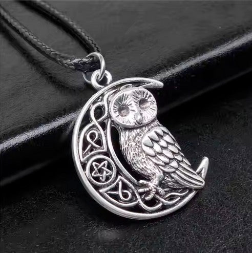 Antique Silver Plated Viking Owl Pendant Black Leather Cord Rope Chain Necklace- Length Adjustable