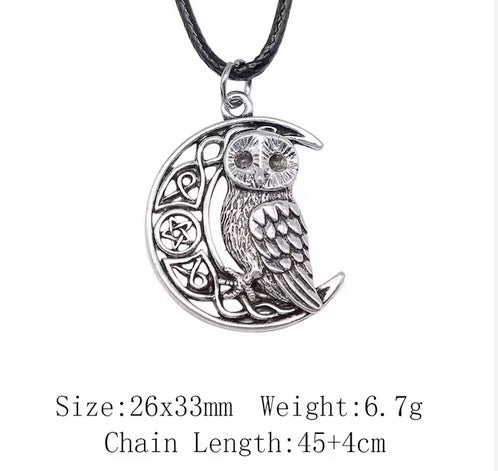 Antique Silver Plated Viking Owl Pendant Black Leather Cord Rope Chain Necklace- Length Adjustable
