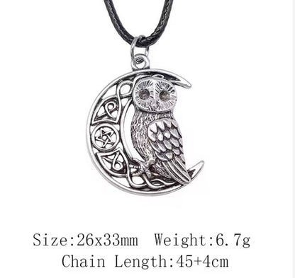 Antique Silver Plated Viking Owl Pendant Black Leather Cord Rope Chain Necklace- Length Adjustable
