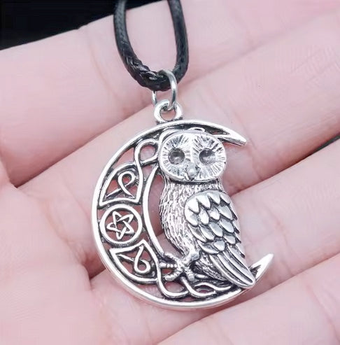 Antique Silver Plated Viking Owl Pendant Black Leather Cord Rope Chain Necklace- Length Adjustable