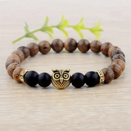 Owl Frosted Stone Lifeline Wood Grain Bracelet