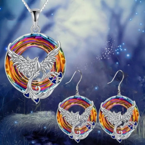 Colorful "On Fire" Glass Inlay Phoenix Necklace And Earring Set