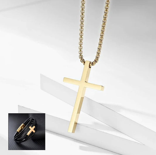 Minimalist Gold Cross Necklace And Cross Bracelet Set