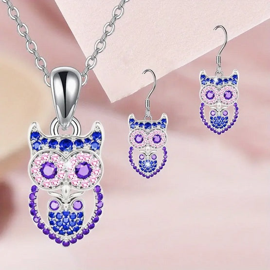 Luxury Owl Jewelry Set with Rhinestone Mosaic - Earrings And Necklace