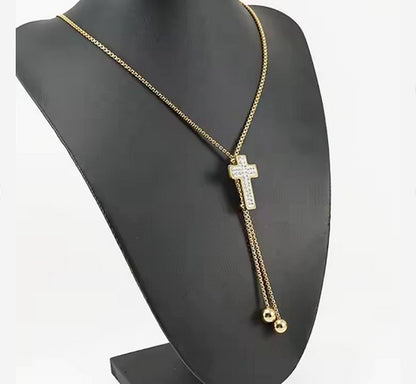 Stainless Steel 18K Gold Plated Non Tarnish Cross Slide Necklace With Cubic Zerconias Sale! Was $45.00 - Now Only $28.00