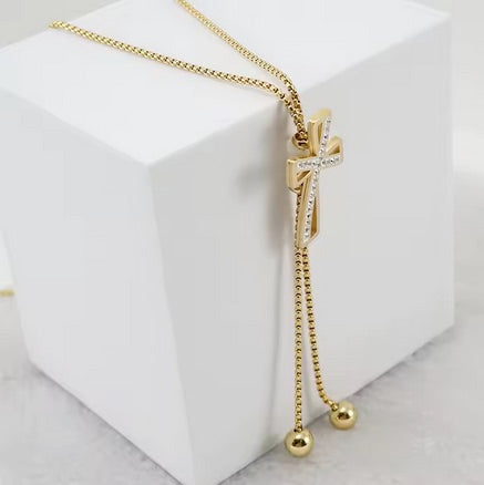 Stainless Steel 18K Gold Plated Non Tarnish Cross Slide Necklace With Cubic Zerconias Sale! Was $45.00 - Now Only $28.00