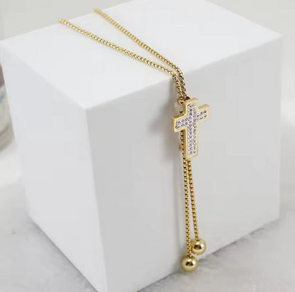 Stainless Steel 18K Gold Plated Non Tarnish Cross Slide Necklace With Cubic Zerconias Sale! Was $45.00 - Now Only $28.00