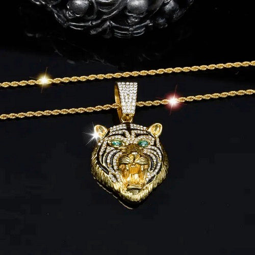 Iced-Out Green-Eyed Tiger Head Pendant Necklace with Stainless Steel Twisted Chain