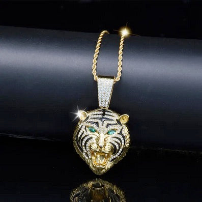 Iced-Out Green-Eyed Tiger Head Pendant Necklace with Stainless Steel Twisted Chain