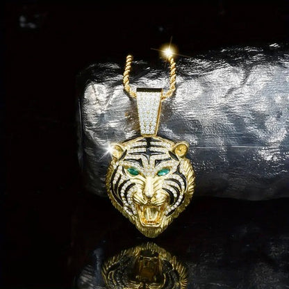 Iced-Out Green-Eyed Tiger Head Pendant Necklace with Stainless Steel Twisted Chain