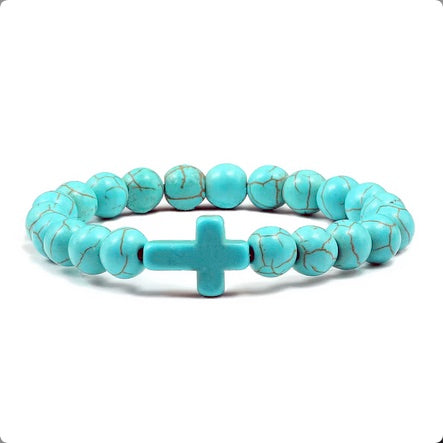8mm Semi-Precious Stone Cross Stretch Bracelet - 6 Colors