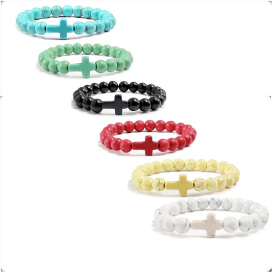 8mm Semi-Precious Stone Cross Stretch Bracelet - 6 Colors