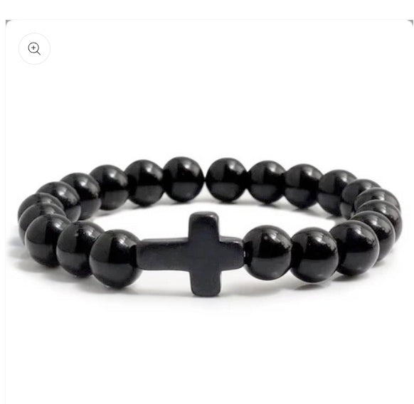 8mm Semi-Precious Stone Cross Stretch Bracelet - 6 Colors