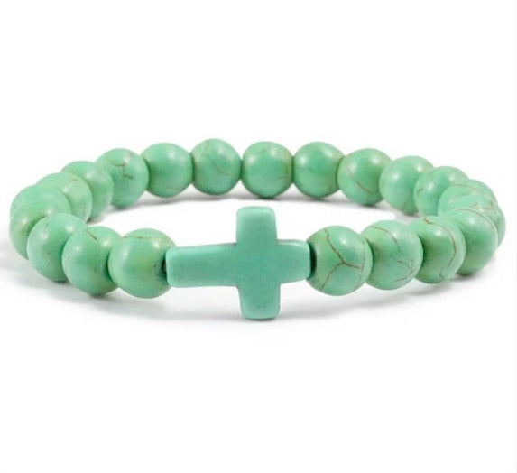 8mm Semi-Precious Stone Cross Stretch Bracelet - 6 Colors