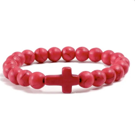 8mm Semi-Precious Stone Cross Stretch Bracelet - 6 Colors