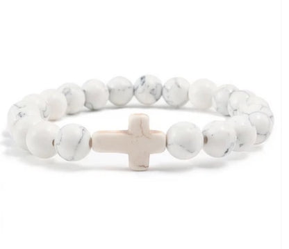 8mm Semi-Precious Stone Cross Stretch Bracelet - 6 Colors