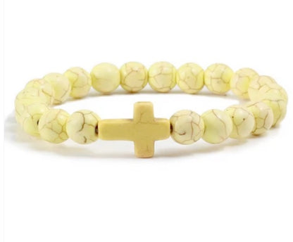 8mm Semi-Precious Stone Cross Stretch Bracelet - 6 Colors