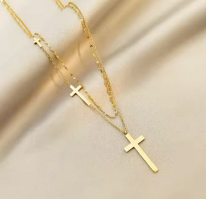 18K Gold Filled Double Layered Chain Stainless Steel Triple Cross Necklace