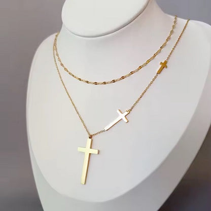 18K Gold Filled Double Layered Chain Stainless Steel Triple Cross Necklace