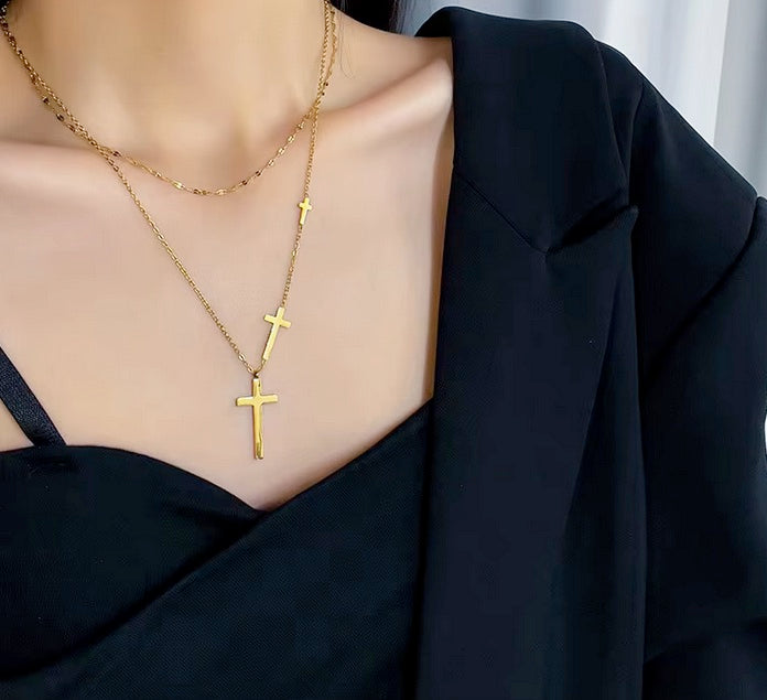 18K Gold Filled Double Layered Chain Stainless Steel Triple Cross Necklace